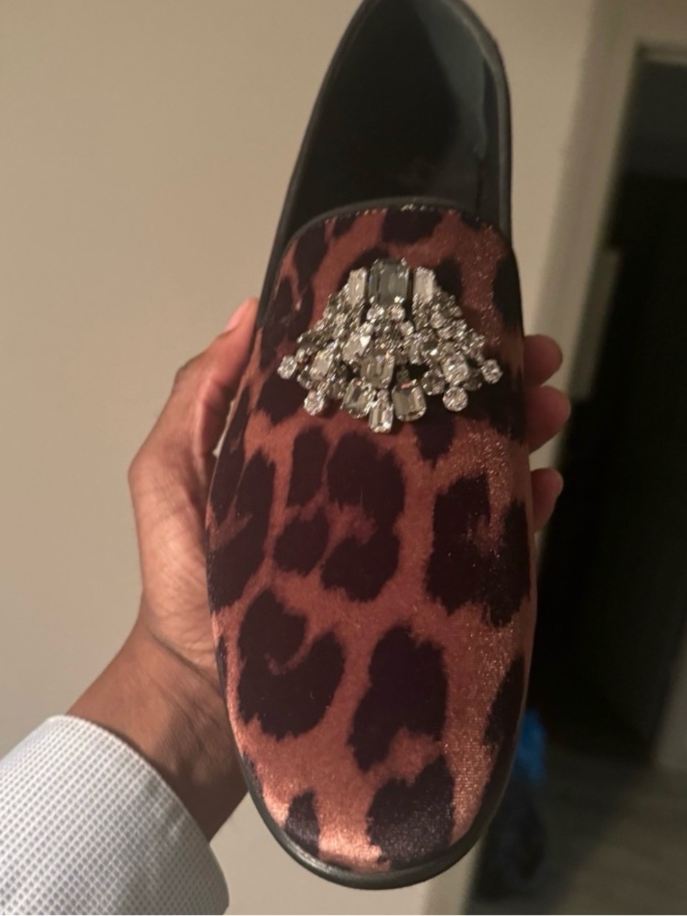 Giuseppe Zanotti Leopard Velvet Slip-On Loafer with Crystal Brooch - Brown